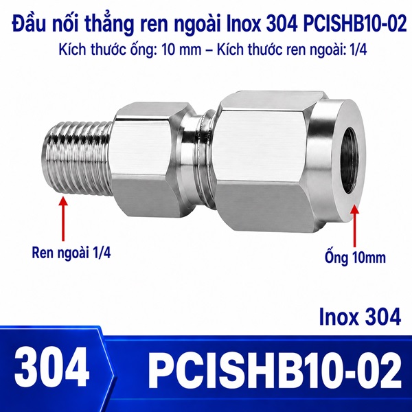 Đầu nối thẳng Inox 304 siết hạt bắp ống phi 10 mm ren ngoài 1/4 inch