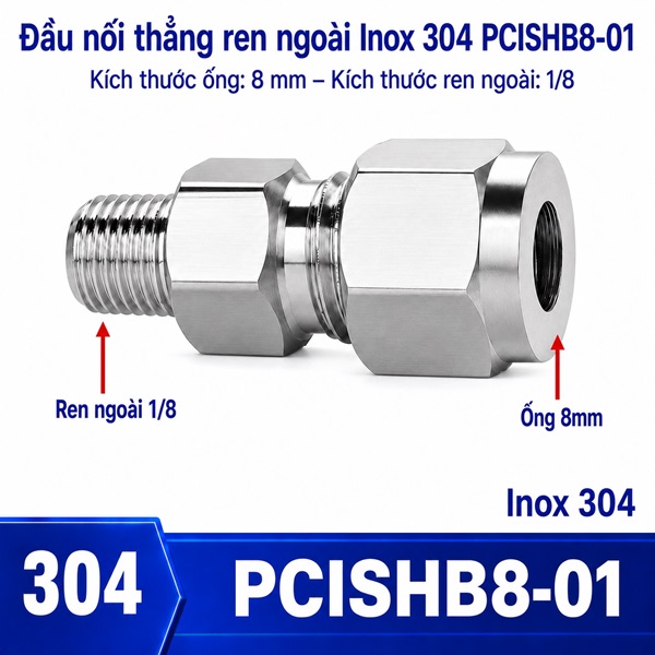 Đầu nối thẳng Inox 304 siết hạt bắp ống phi 8 mm ren ngoài 1/8 inch