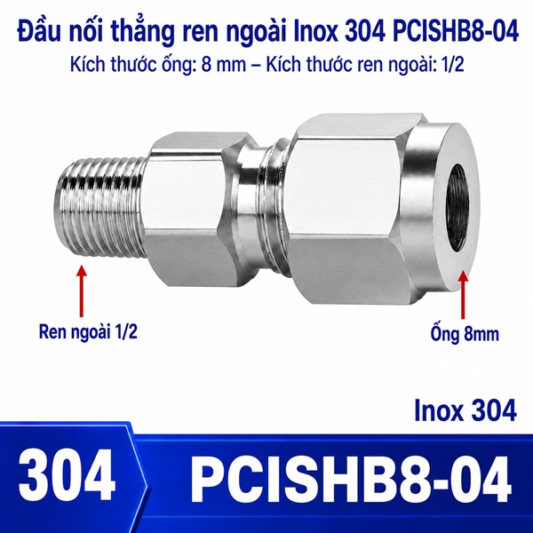 Đầu nối thẳng Inox 304 siết hạt bắp ống phi 8 mm ren ngoài 1/2 inch