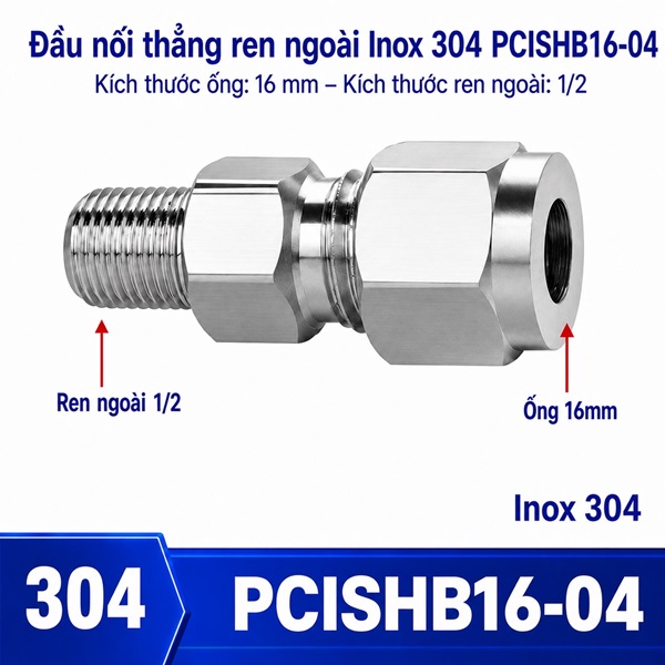 Đầu nối thẳng Inox 304 siết hạt bắp ống phi 16 mm ren ngoài 1/2 inch