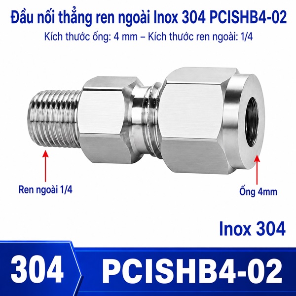 Đầu nối thẳng Inox 304 siết hạt bắp ống phi 4 mm ren ngoài 1/4 inch