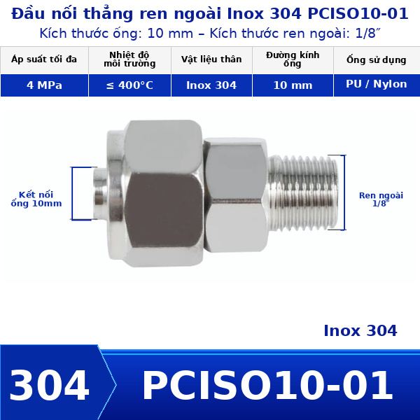 Nối thẳng inox 304 có 1 đầu siết ống 10 và 1 đầu ren ngoài 1/8