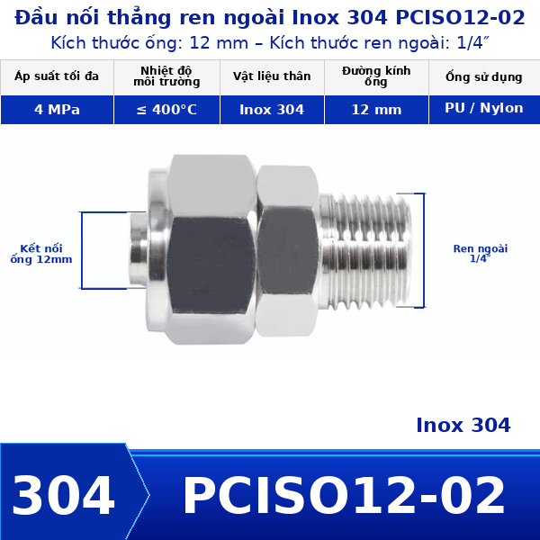 Nối thẳng inox 304 có 1 đầu siết ống 12 và 1 đầu ren ngoài 1/4