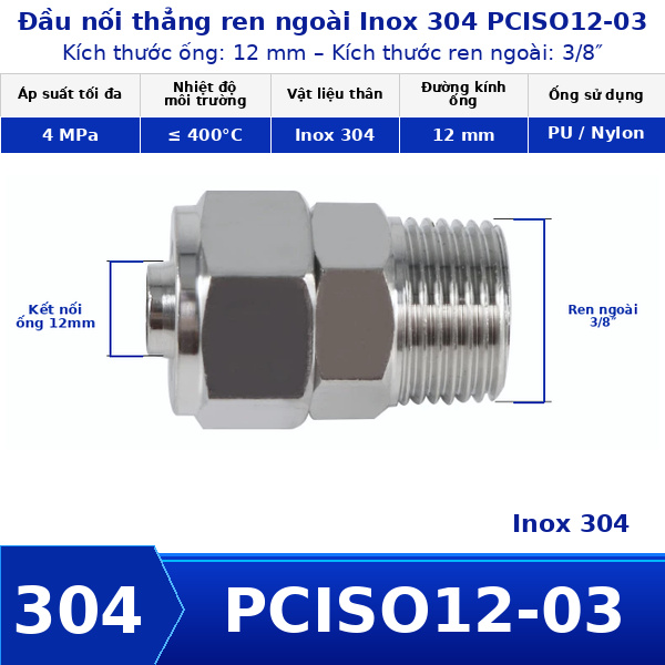 Nối thẳng inox 304 có 1 đầu siết ống 12 và 1 đầu ren ngoài 3/8