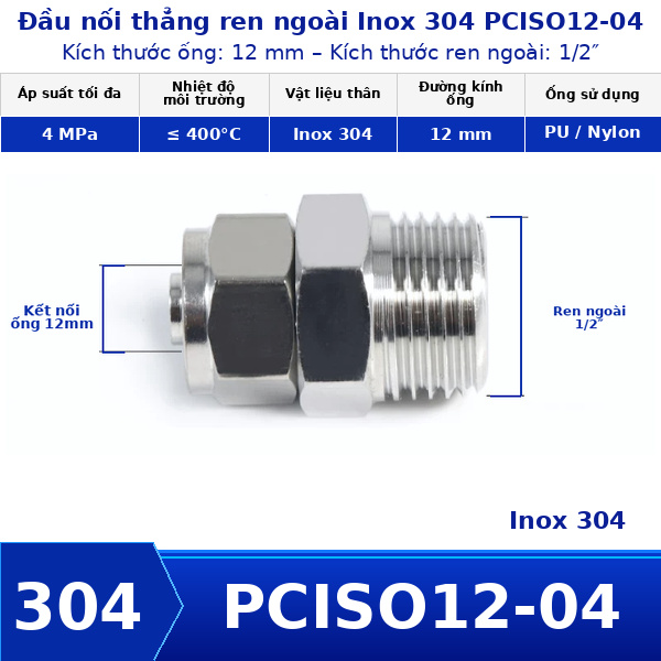 Nối thẳng inox 304 có 1 đầu siết ống 12 và 1 đầu ren ngoài 1/2