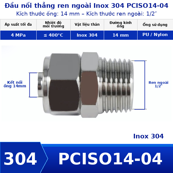 Nối thẳng inox 304 có 1 đầu siết ống 14 và 1 đầu ren ngoài 1/2