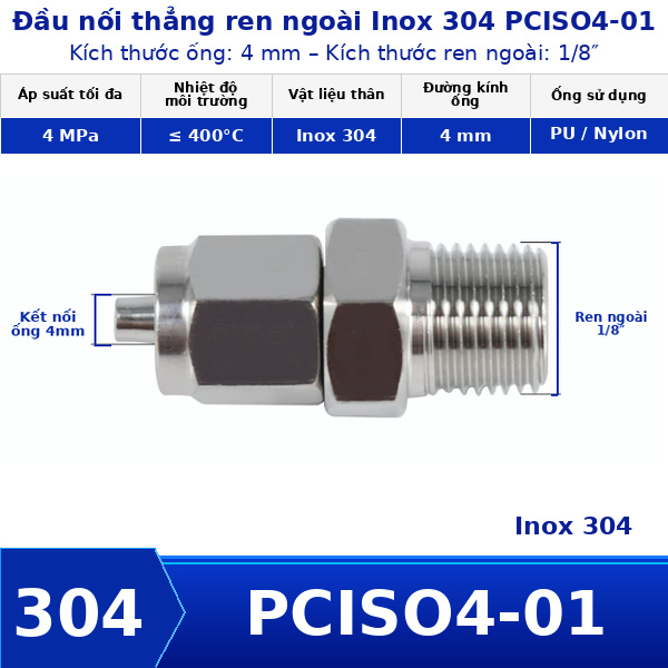 Nối thẳng inox 304 có 1 đầu siết ống 4 và 1 đầu ren ngoài 1/8