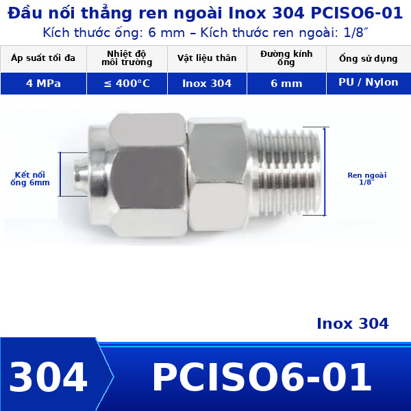 Nối thẳng inox 304 có 1 đầu siết ống 6 và 1 đầu ren ngoài 1/8