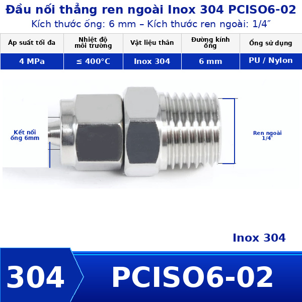 Nối thẳng inox 304 có 1 đầu siết ống 6 và 1 đầu ren ngoài 1/4