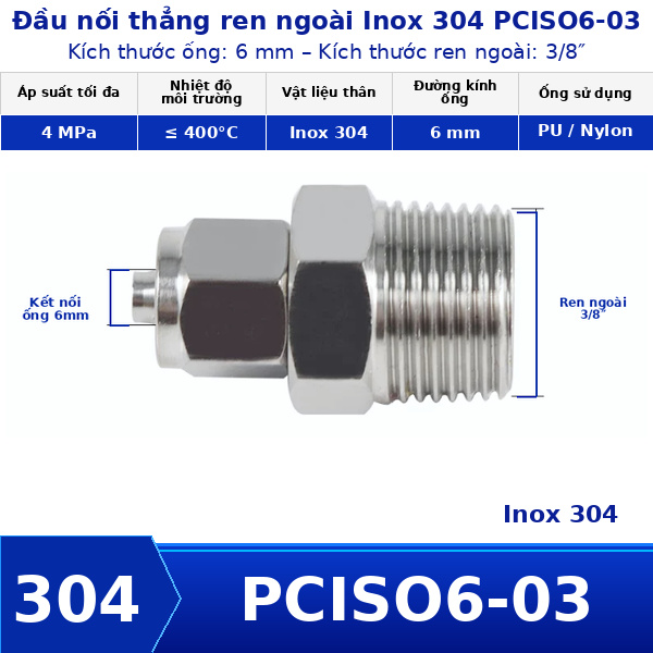 Nối thẳng inox 304 có 1 đầu siết ống 6 và 1 đầu ren ngoài 3/8