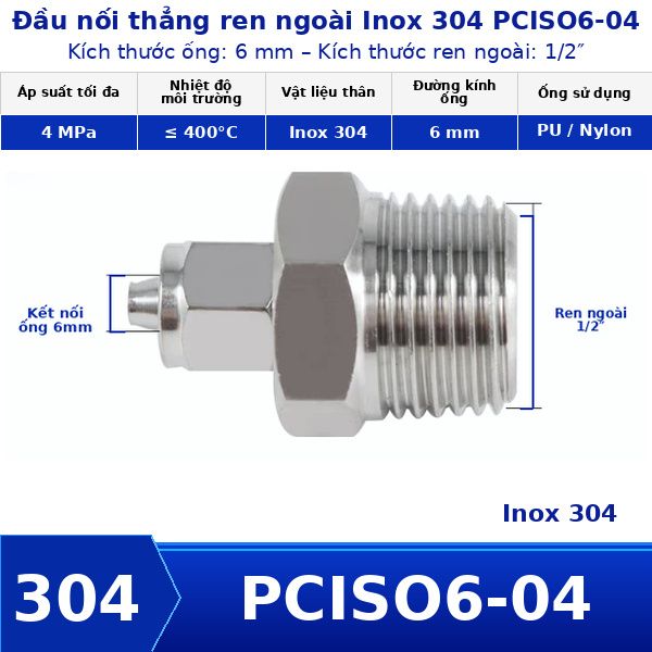 Nối thẳng inox 304 có 1 đầu siết ống 6 và 1 đầu ren ngoài 1/2