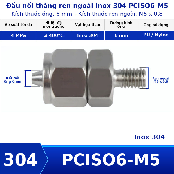 Nối thẳng inox 304 có 1 đầu siết ống 6 và 1 đầu ren ngoài M5