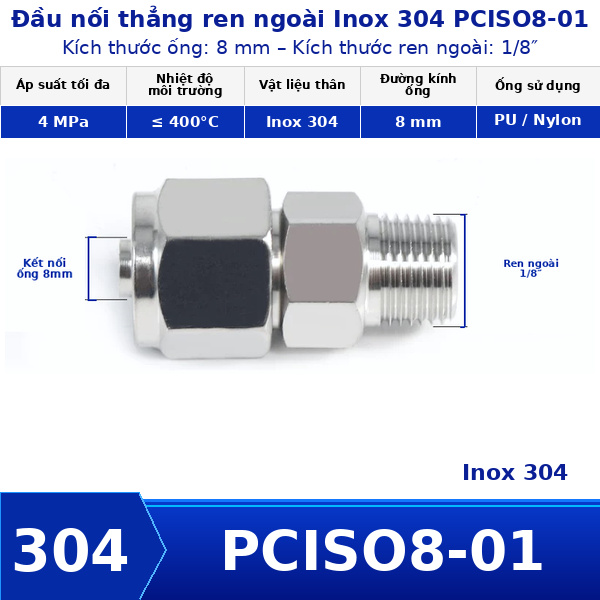 Nối thẳng inox 304 có 1 đầu siết ống 8 và 1 đầu ren ngoài 1/8