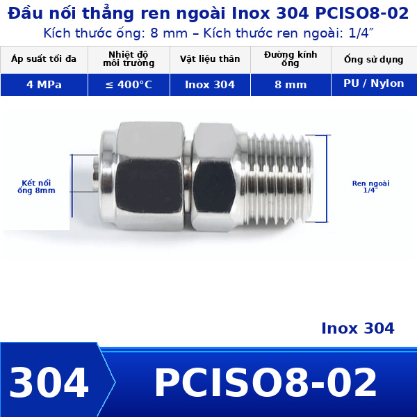 Nối thẳng inox 304 có 1 đầu siết ống 8 và 1 đầu ren ngoài 1/4