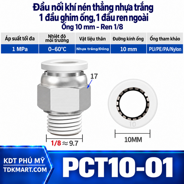 Đầu nối khí nén thẳng nhựa trắng 1 đầu ghim ống 10 mm 1 đầu ren ngoài 1/8
