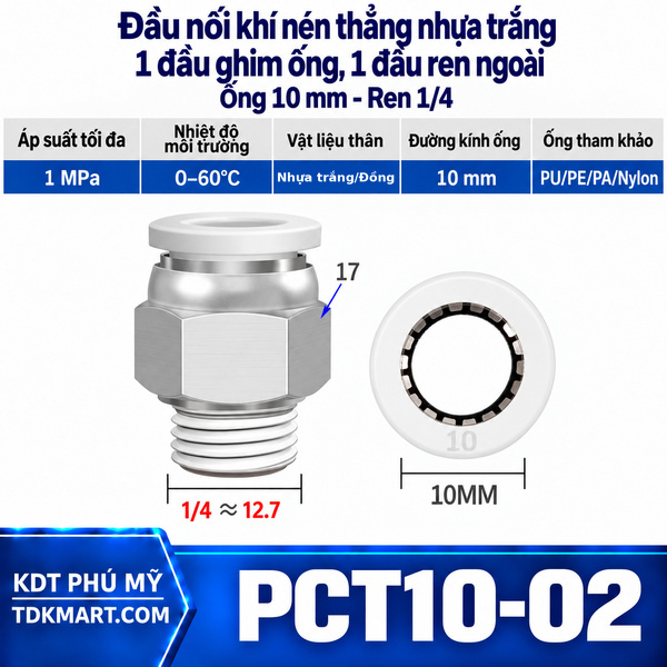 Đầu nối khí nén thẳng nhựa trắng 1 đầu ghim ống 10 mm 1 đầu ren ngoài 1/4