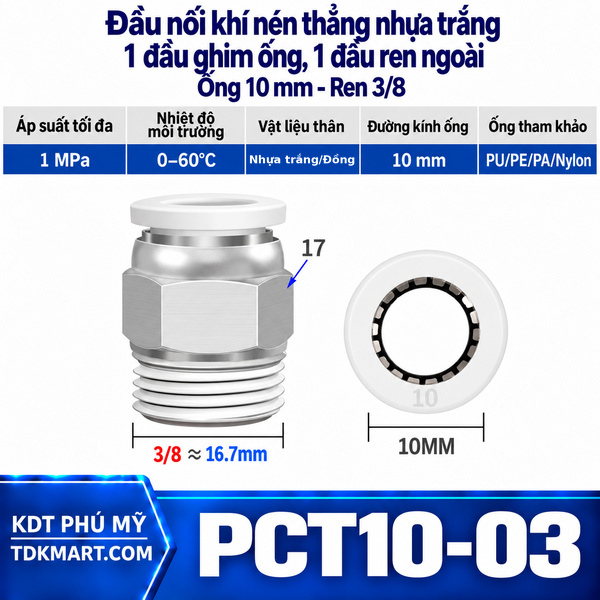 Đầu nối khí nén thẳng nhựa trắng 1 đầu ghim ống 10 mm 1 đầu ren ngoài 3/8