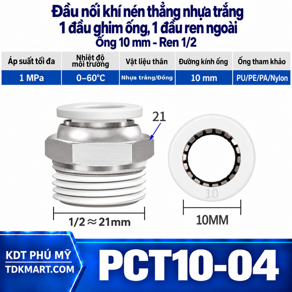 Đầu nối khí nén thẳng nhựa trắng 1 đầu ghim ống 10 mm 1 đầu ren ngoài 1/2
