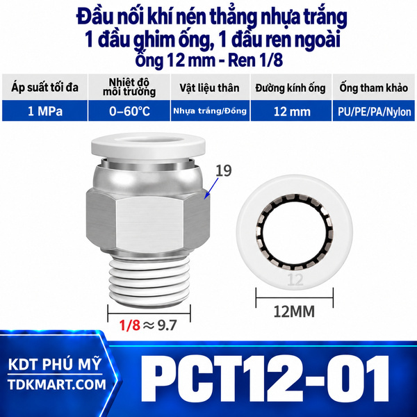 Đầu nối khí nén thẳng nhựa trắng 1 đầu ghim ống 12 mm 1 đầu ren ngoài 1/8