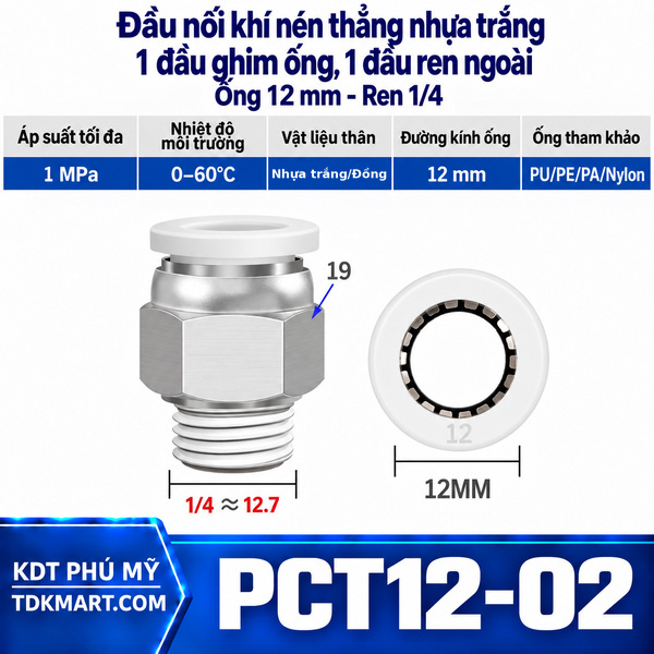 Đầu nối khí nén thẳng nhựa trắng 1 đầu ghim ống 12 mm 1 đầu ren ngoài 1/4