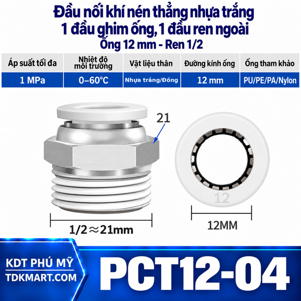 Đầu nối khí nén thẳng nhựa trắng 1 đầu ghim ống 12 mm 1 đầu ren ngoài 1/2