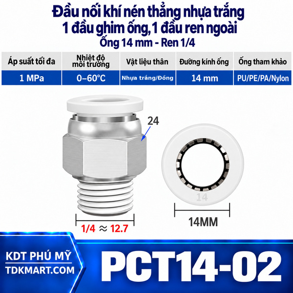 Đầu nối khí nén thẳng nhựa trắng 1 đầu ghim ống 14 mm 1 đầu ren ngoài 1/4