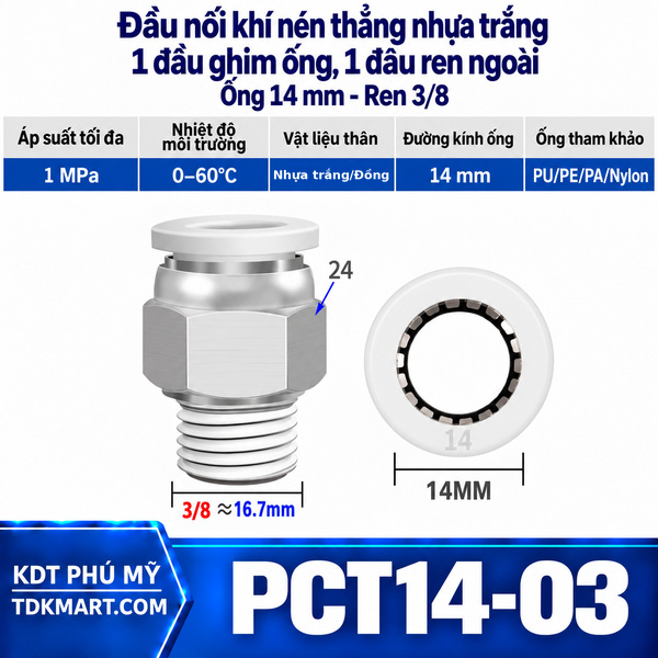 Đầu nối khí nén thẳng nhựa trắng 1 đầu ghim ống 14 mm 1 đầu ren ngoài 3/8
