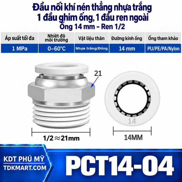 Đầu nối khí nén thẳng nhựa trắng 1 đầu ghim ống 14 mm 1 đầu ren ngoài 1/2
