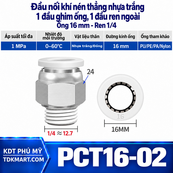 Đầu nối khí nén thẳng nhựa trắng 1 đầu ghim ống 16 mm 1 đầu ren ngoài 1/4