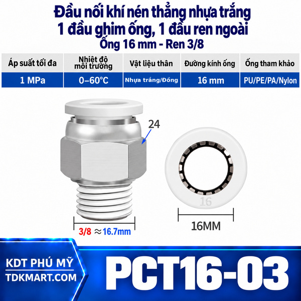 Đầu nối khí nén thẳng nhựa trắng 1 đầu ghim ống 16 mm 1 đầu ren ngoài 3/8