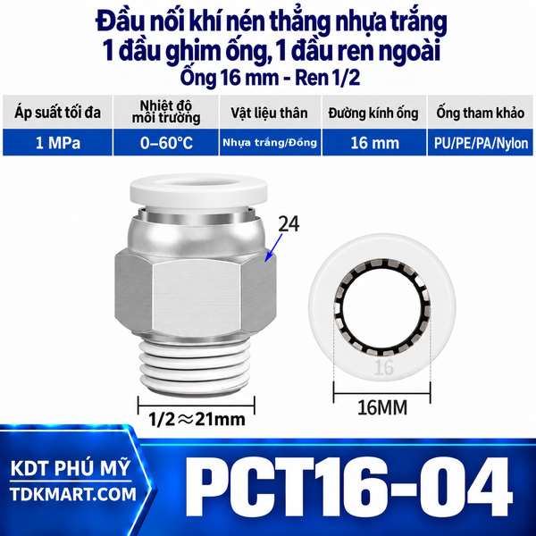Đầu nối khí nén thẳng nhựa trắng 1 đầu ghim ống 16 mm 1 đầu ren ngoài 1/2