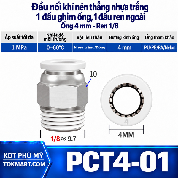 Đầu nối khí nén thẳng nhựa trắng 1 đầu ghim ống 4 mm 1 đầu ren ngoài 1/8