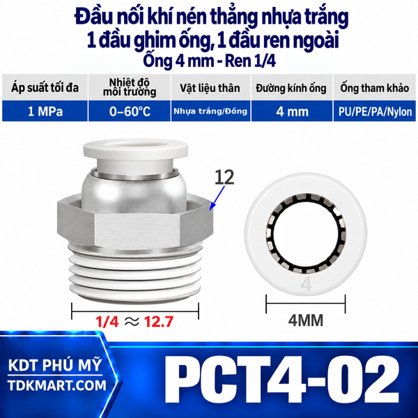 Đầu nối khí nén thẳng nhựa trắng 1 đầu ghim ống 4 mm 1 đầu ren ngoài 1/4