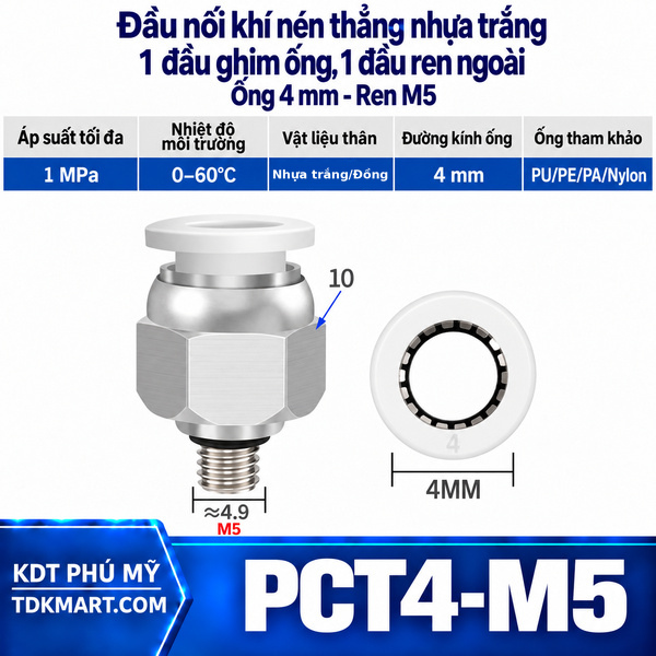 Đầu nối khí nén thẳng nhựa trắng 1 đầu ghim ống 4 mm 1 đầu ren ngoài M5