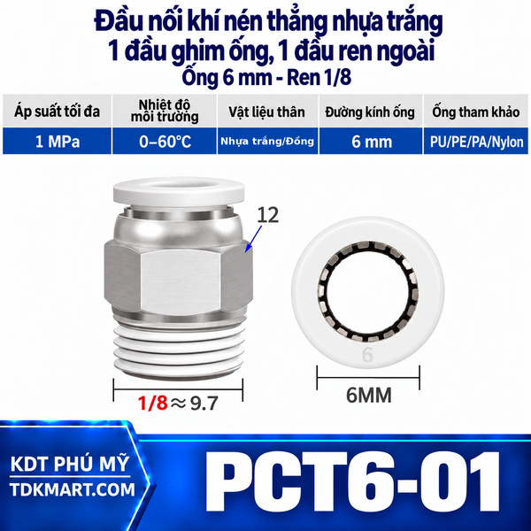 Đầu nối khí nén thẳng nhựa trắng 1 đầu ghim ống 6 mm 1 đầu ren ngoài 1/8
