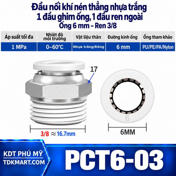 Đầu nối khí nén thẳng nhựa trắng 1 đầu ghim ống 6 mm 1 đầu ren ngoài 3/8