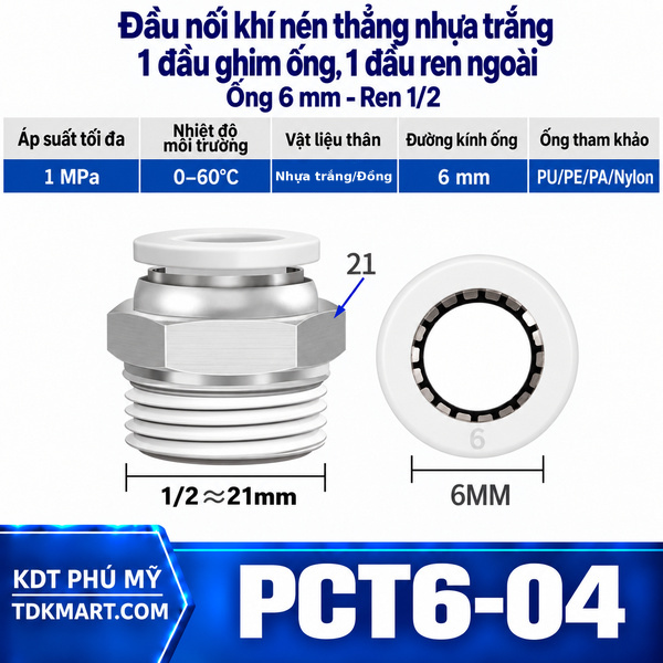 Đầu nối khí nén thẳng nhựa trắng 1 đầu ghim ống 6 mm 1 đầu ren ngoài 1/2