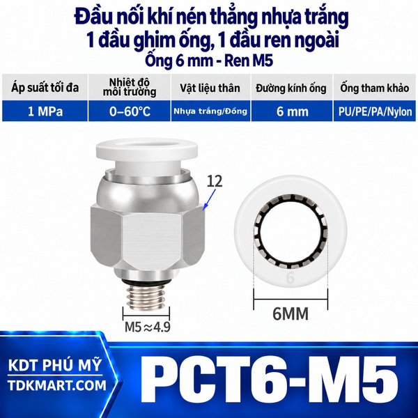 Đầu nối khí nén thẳng nhựa trắng 1 đầu ghim ống 6 mm 1 đầu ren ngoài M5