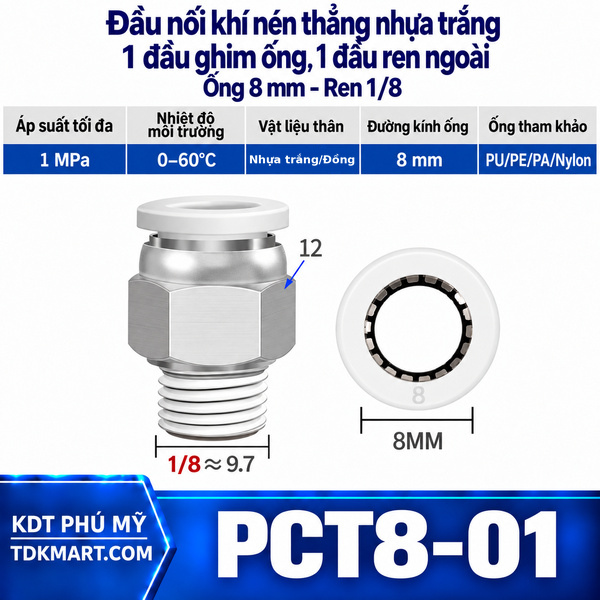 Đầu nối khí nén thẳng nhựa trắng 1 đầu ghim ống 8 mm 1 đầu ren ngoài 1/8