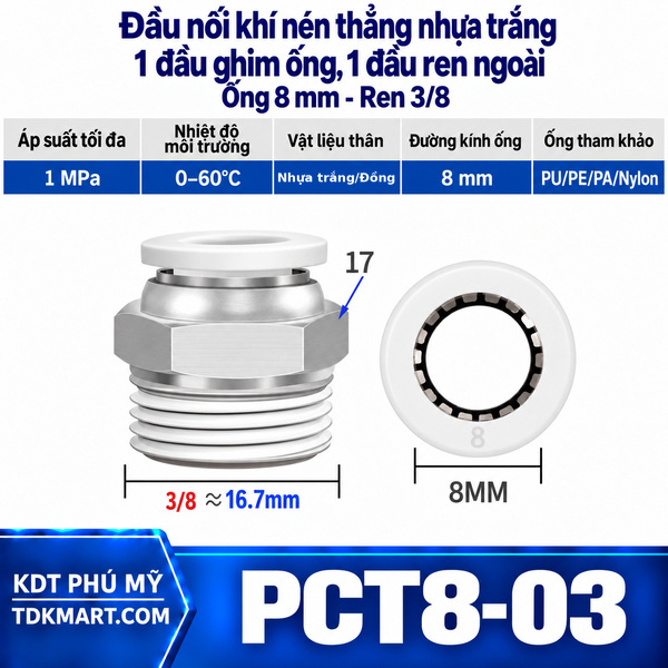 Đầu nối khí nén thẳng nhựa trắng 1 đầu ghim ống 8 mm 1 đầu ren ngoài 3/8