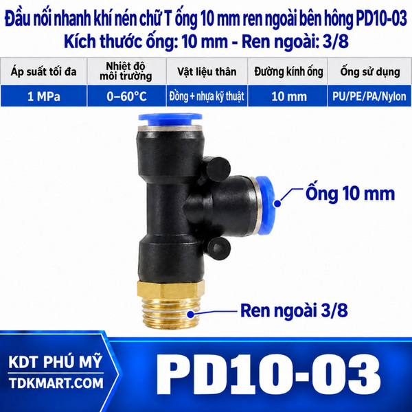 Đầu nối nhanh khí nén chữ T hai đầu nối ống 10 mm-1 đầu ren ngoài bên hông 16.7 mm = 3/8