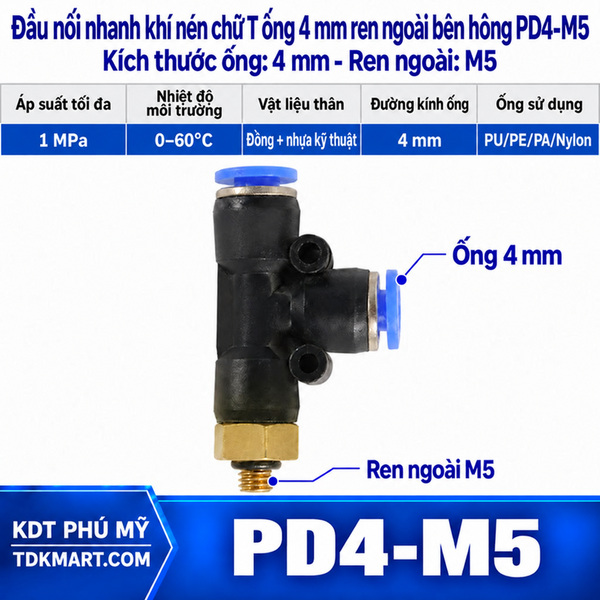 Đầu nối nhanh khí nén chữ T hai đầu nối ống 4 mm- 1 đầu ren ngoài bên hông M5