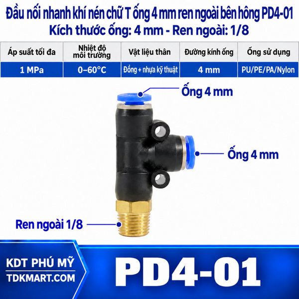 Đầu nối nhanh khí nén chữ T hai đầu nối ống 4 mm- 1 đầu ren ngoài bên hông 9.6mm = 1/8