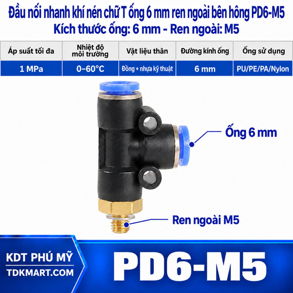 Đầu nối nhanh khí nén chữ T hai đầu nối ống 6 mm- 1 đầu ren ngoài bên hông M5