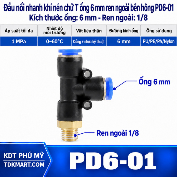 Đầu nối nhanh khí nén chữ T hai đầu nối ống 6 mm- 1 đầu ren ngoài bên hông 9.6mm = 1/8