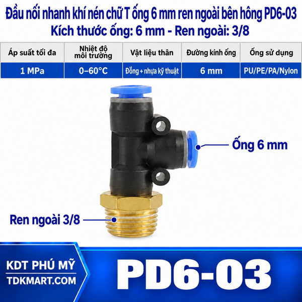 Đầu nối nhanh khí nén chữ T hai đầu nối ống 6 mm 1 đầu ren ngoài bên hông 16.7mm = 3/8