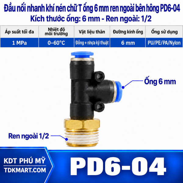 Đầu nối nhanh khí nén chữ T hai đầu nối ống 6 mm- 1 đầu ren ngoài bên hông 20.5mm = 1/2