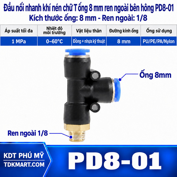 Đầu nối nhanh khí nén chữ T hai đầu nối ống 8 mm- 1 đầu ren ngoài bên hông 9.6mm = 1/8