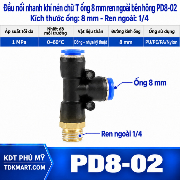 Đầu nối nhanh khí nén chữ T hai đầu nối ống 8 mm 1 đầu ren ngoài bên hông 12.7mm = 1/4