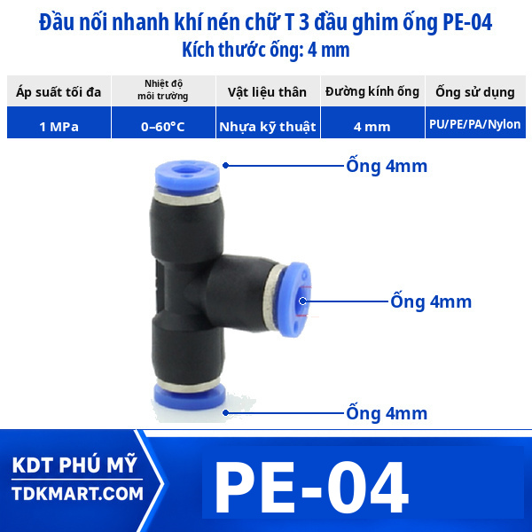 Đầu nối khí nén chữ T 3 đầu ghim ống 4 mm